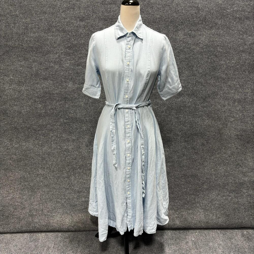 Polo Ralph Lauren Dress Womens 6 Blue Linen Belted Shirt Fit Flare Midi Collar